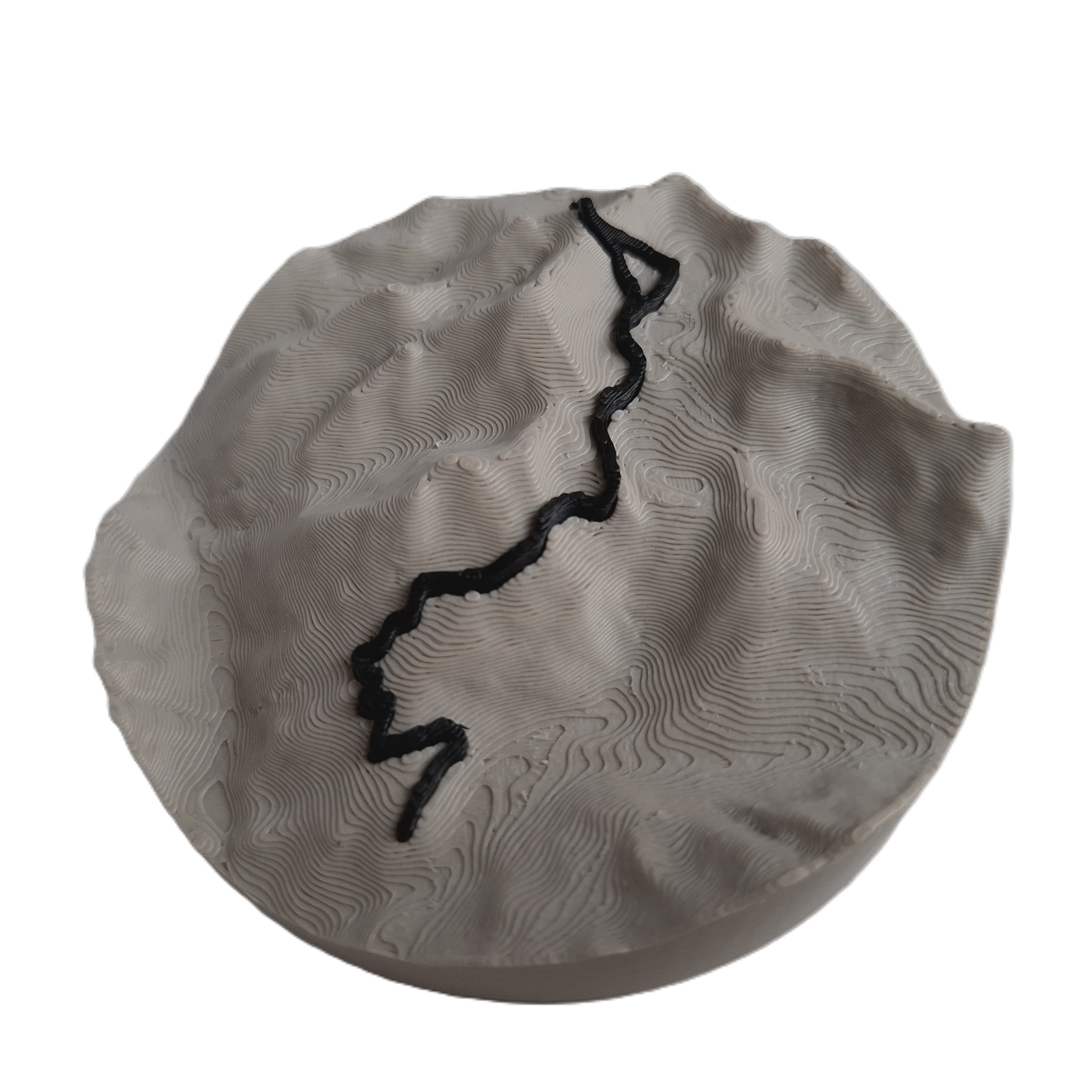 visualisation 3D d'une trace GPX de VTT avec relief topographique couleur beige et noir profond