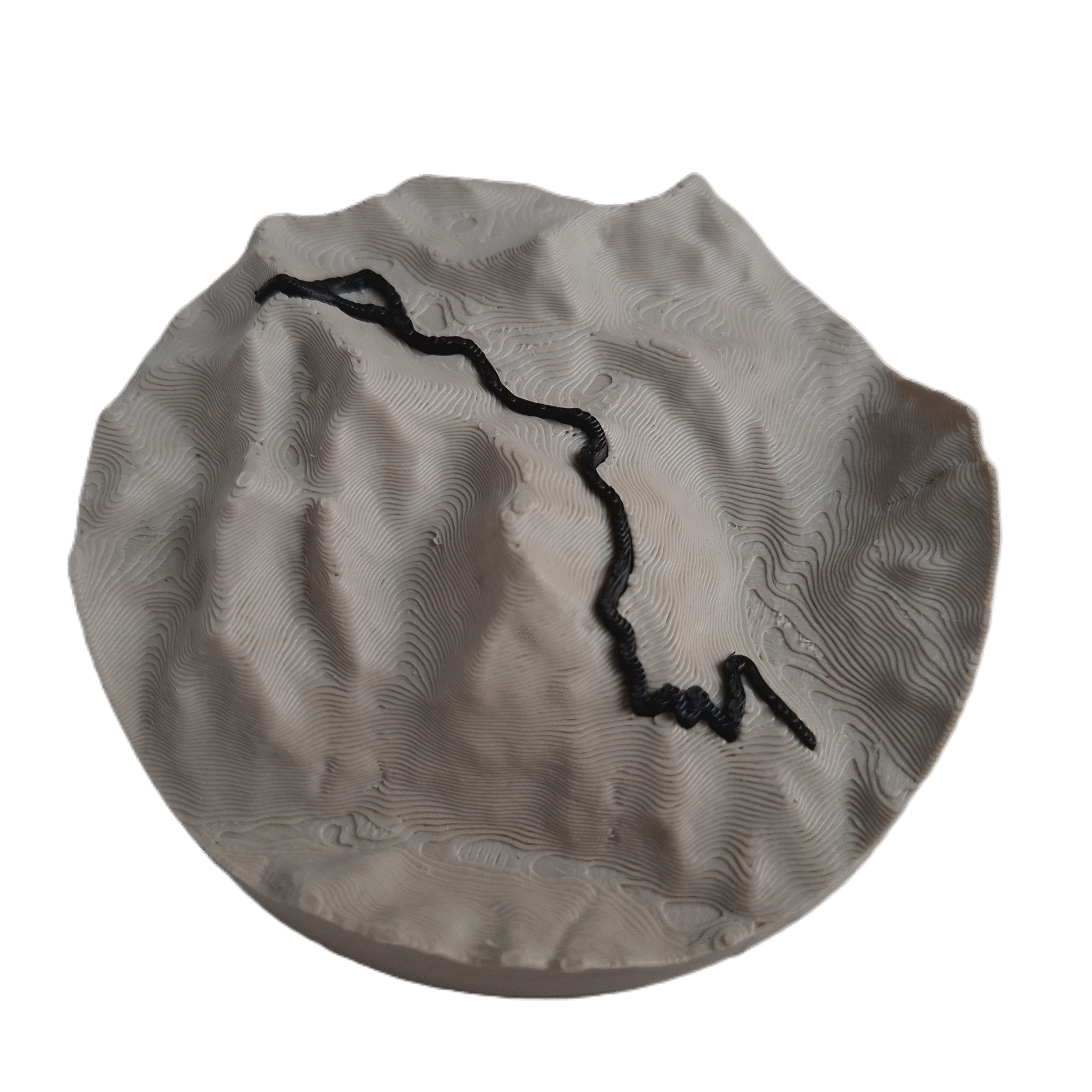 visualisation 3D d'une trace GPX de randonnée avec relief topographique couleur beige et noir profond