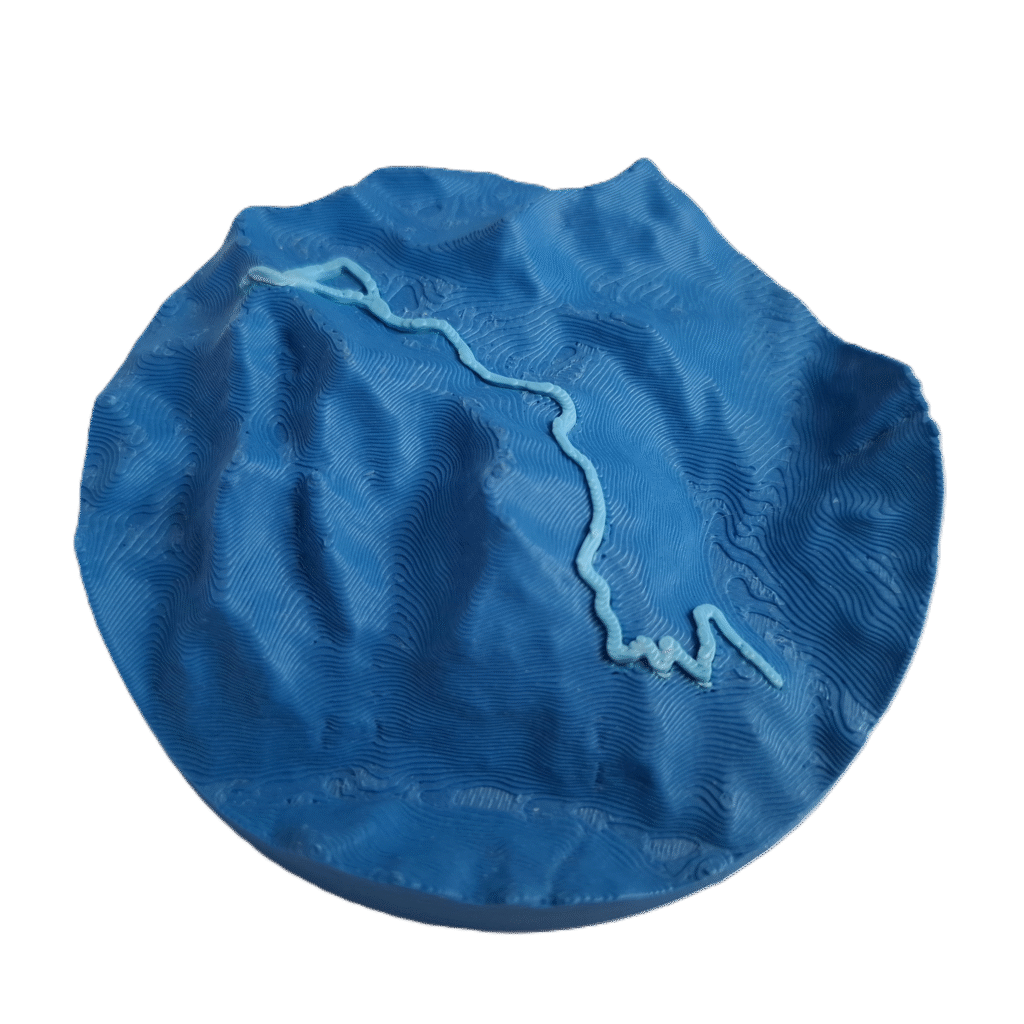 visualisation 3D d'une trace GPX de balade avec relief topographique couleur bleu clair et bleu ciel