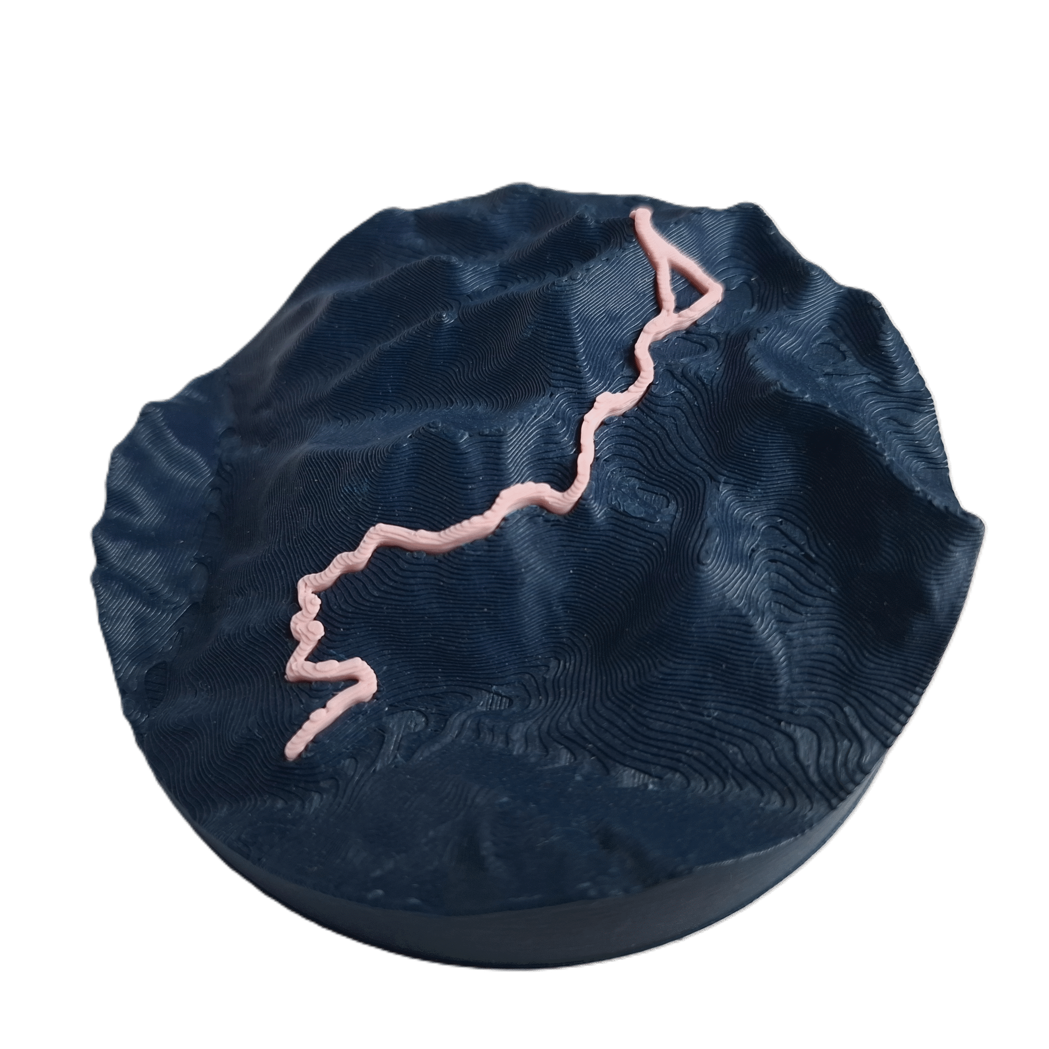 visualisation 3D d'une trace GPX de VTT avec relief topographique couleur bleu profond et rose