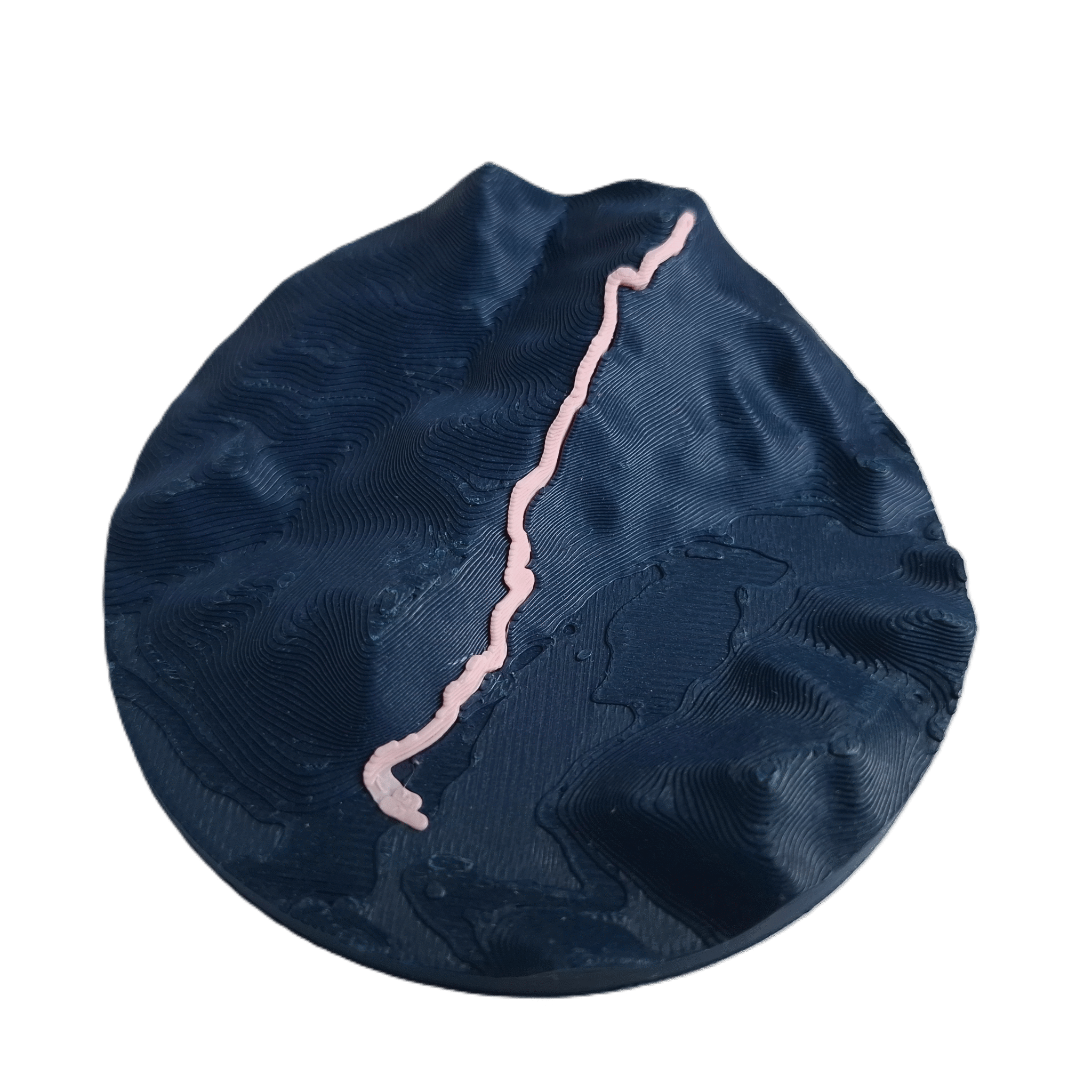 visualisation 3D d'une trace GPX de vélo avec relief topographique couleur bleu profond et rose