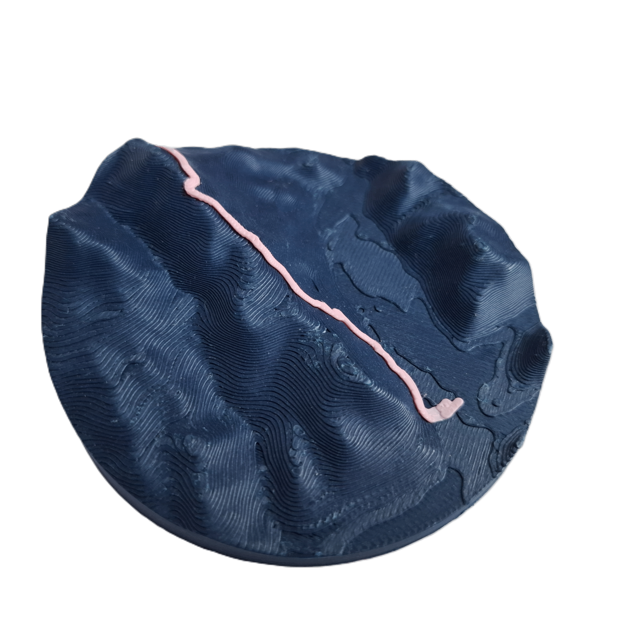 visualisation 3D d'une trace GPX de randonnée avec relief topographique couleur bleu profond et rose