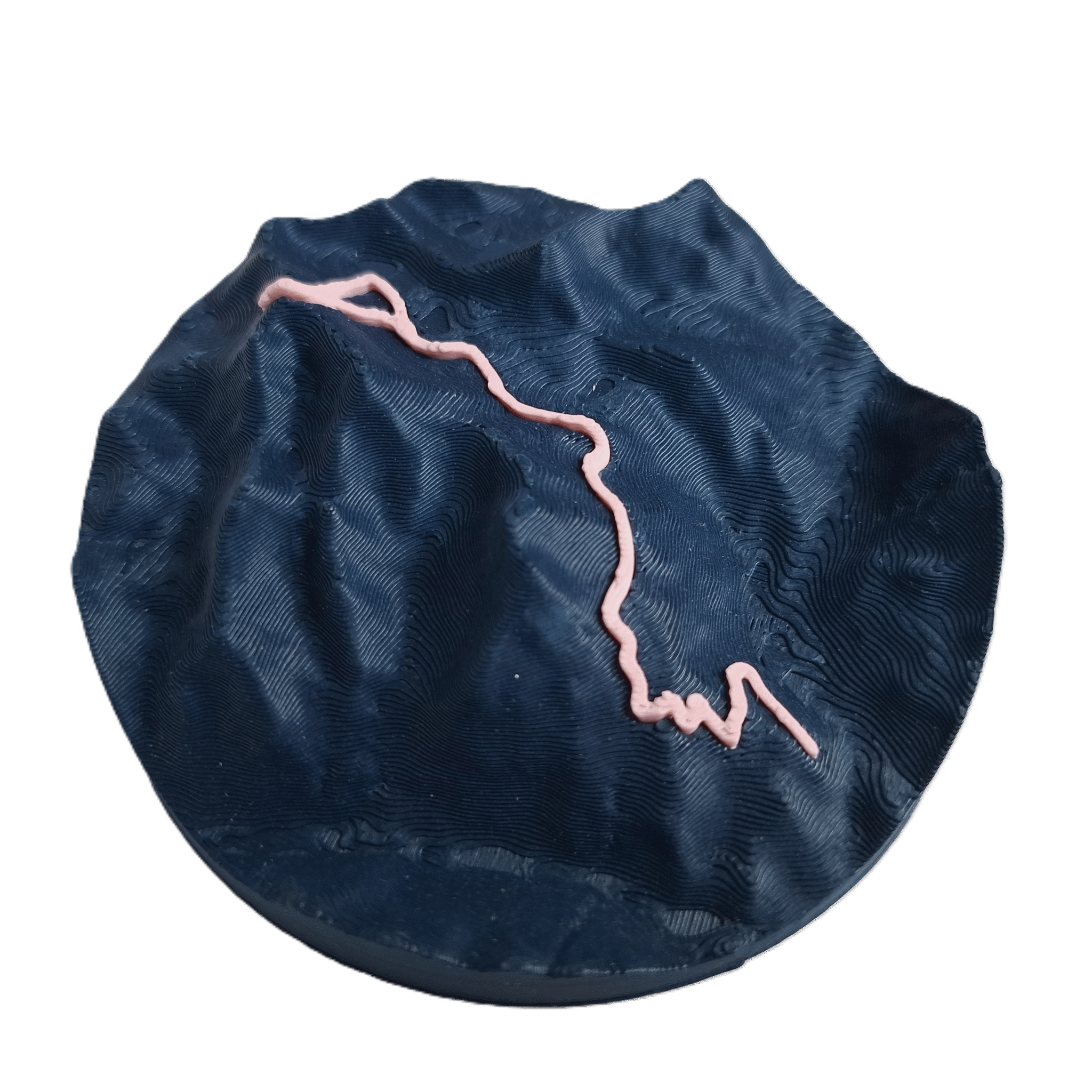 visualisation 3D d'une trace GPX de trail avec relief topographique couleur bleu profond et rose